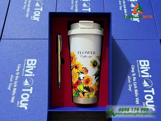 Bộ Quà Tặng (Ly & Bút) Màu Vàng Hoa Hướng Dương - In Khắc Tên làm Quà Tặng