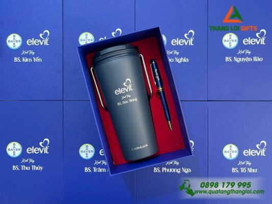 Combo Quà Tặng (Ly Lock & Bút) Màu Xanh - In Khắc Logo Doanh Nghiệp BAYER