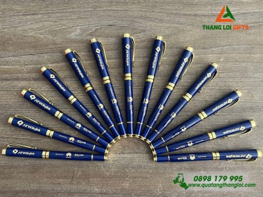 Bút Ký Kim Loại Nắp Màu Xanh Khoen Vàng - Khắc Logo Doanh Nghiệp HUAWEI