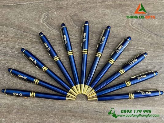 Bút Ký Kim Loại Xoay Màu Xanh Khoen Vàng - Khắc Logo Ngân Hàng MB Bank Khánh Hòa