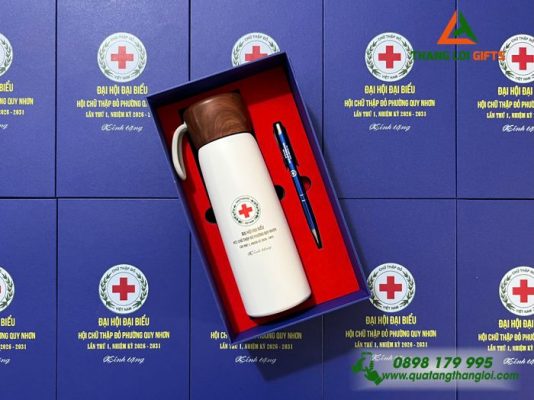 Combo Quà Tặng (Bình & Bút) - In Khắc Logo Hội Chữ Thập Đỏ Phường Quy Nhơn Làm Quà Đại Hội