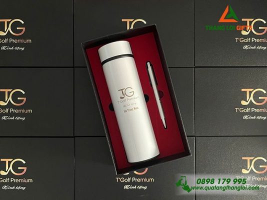 Combo Quà Tặng (Bình & Bút) Màu Trắng - In Khắc Logo Doanh Nghiệp TG T'Golf Premium