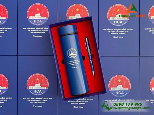 Combo Quà Tặng (Bình & Bút) Màu Xanh - In Khắc Logo Học Viện Cán Bộ TP.HCM HCA