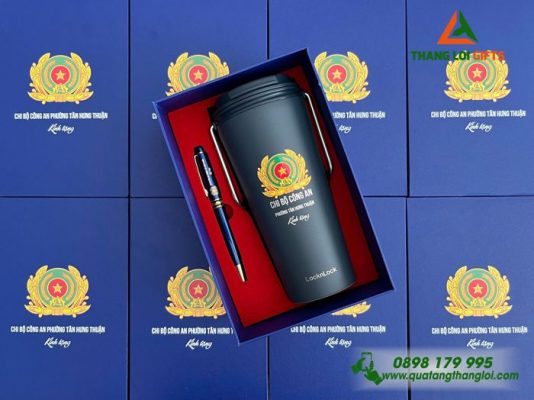 Combo Quà Tặng (Ly Lock & Bút) Màu Xanh - In Khắc Logo Chi Bộ Công An Phường Tân Hưng Thuận