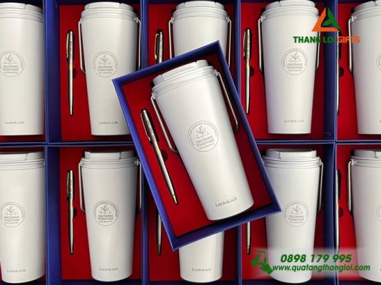 Set Quà Tặng (Ly Lock & Bút) Màu Trắng - In Khắc Logo Growing Together