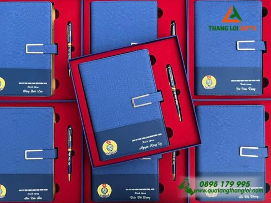 Bộ Quà Tặng 2 Món (Sổ & Bút) Màu Xanh - In Khắc Logo Công Đoàn Việt Nam