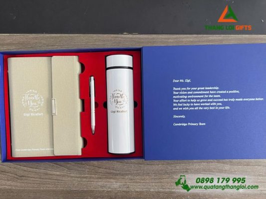 Bộ Quà Tặng (Sổ+ Bình+ Bút) Màu Trắng Kem - In Khắc Nội Dung Làm Quà Tặng Thay Lời Cảm Ơn