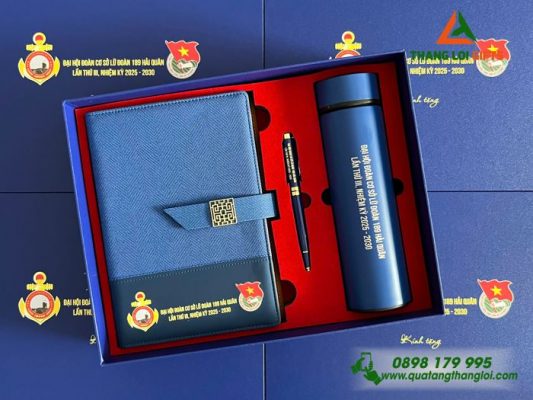 Set Quà Tặng (Sổ+ Bình+ Bút) Màu Xanh - In Khắc Logo Đại Hội Đoàn Lữ Đoàn 189 Hải Quân