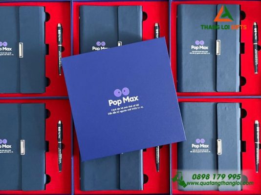 Bộ Quà Tặng (Sổ & Bút) Màu Xanh - In Khắc Logo Sự Kiện Pop Max
