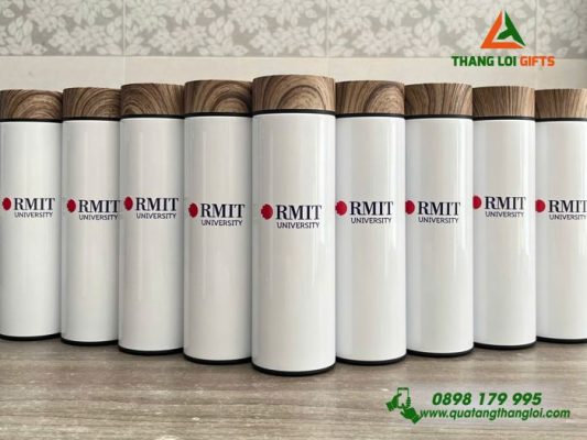 Bình Giữ Nhiệt Nắp Gỗ - In Logo Trường Đại Học RMIT