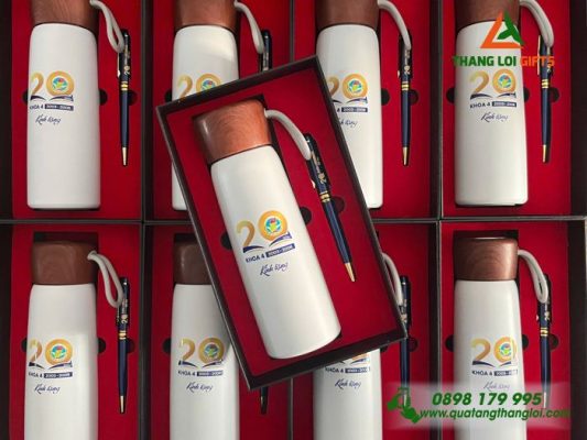 Combo Quà Tặng (Bình & Bút) In Khắc Logo Kỷ Niệm 20 Năm Trường THPT Hà Huy Tập
