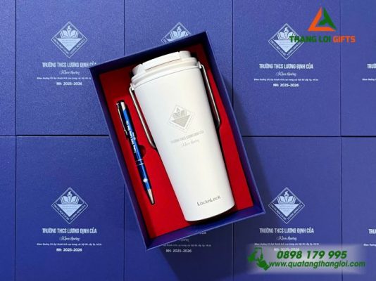 Bộ Quà Tặng (Ly Lock & Bút) - In Khắc Logo Trường THCS Lương Định Của