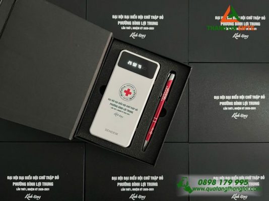 Combo Quà Tặng (Pin Sạc & Bút Bi) - In Khắc Logo Chữ Thập Đỏ Việt Nam