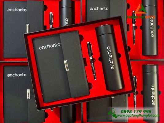 Set Quà Tặng Màu Đen (Sổ+ Bình+ Bút) In Khắc Logo Doanh Nghiệp ANCHANTO