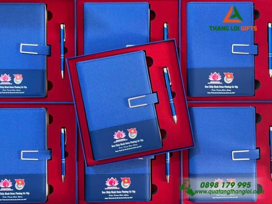 Combo Quà Tặng (Sổ & Bút) Màu Xanh - In Khắc Logo Đoàn Thanh Niên Cộng Sản