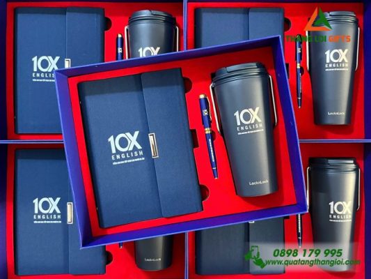 Giftset Bộ Quà Tặng Cao Cấp (Sổ+ Ly Lock+ Bút) Màu Xanh In Khắc Logo Trung Tâm Anh Ngữ 10X