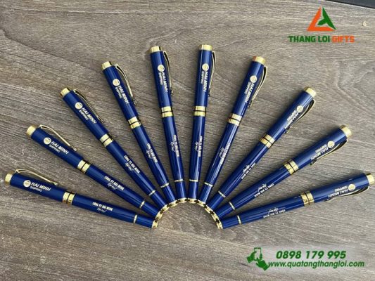 Bút Ký Kim Loại Nắp Màu Xanh Khoen Vàng - Khắc Logo Doanh Nghiệp Hải Minh