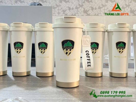 Ly Giữ Nhiệt 530ml Màu Trắng Kem In Logo Doanh Nghiệp Đại Phúc Vinh CNC