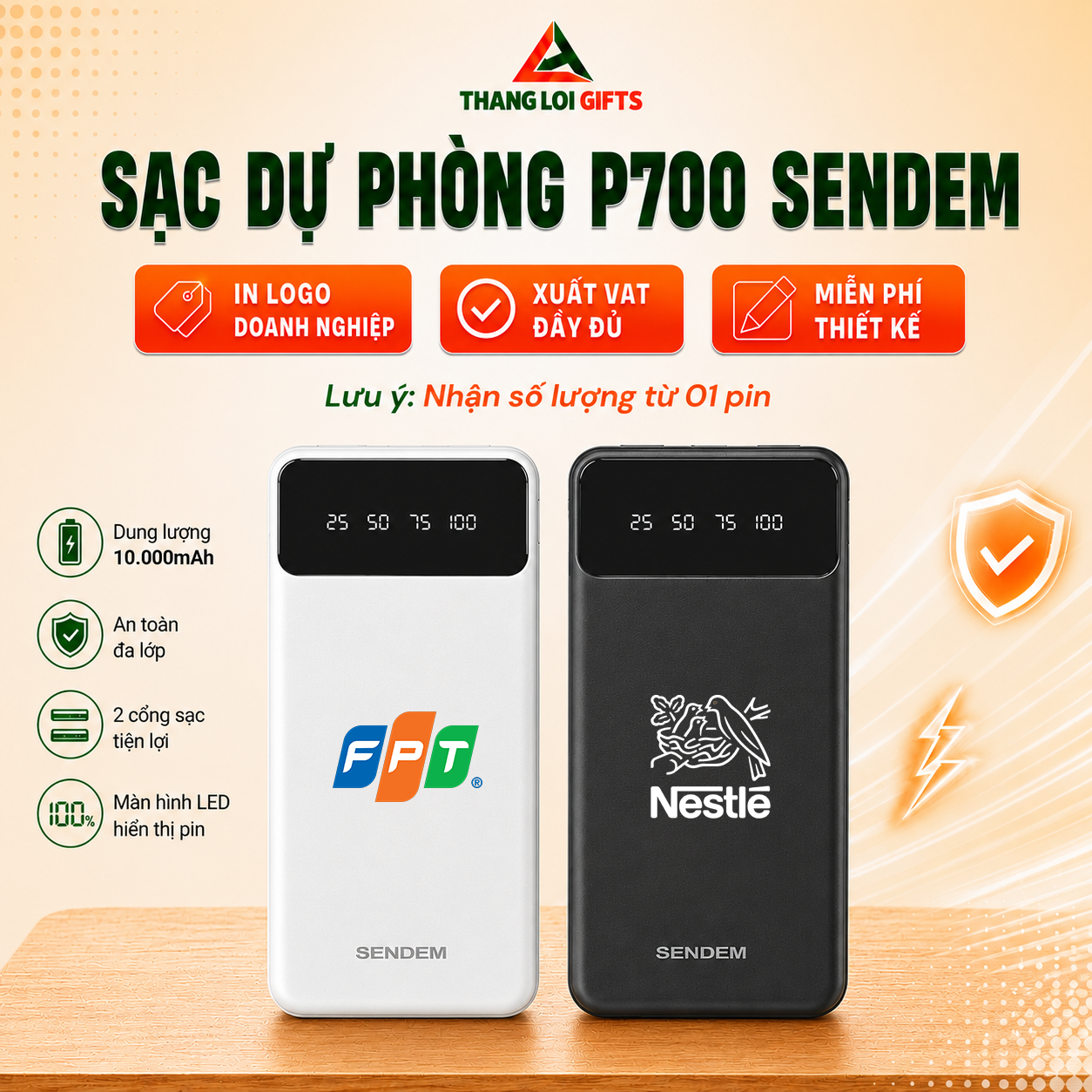 Pin Sạc Dự Phòng SENDEM P700 10.000mAh - In Logo Theo Yêu Cầu