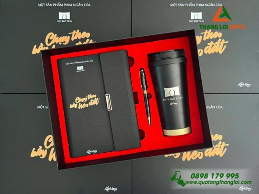 Giftset Quà Tặng (Sổ+ Ly+ Bút) Cao Cấp Màu Đen In Khắc Logo Huy Bụt Film Làm Quà Tặng Phim Ảnh
