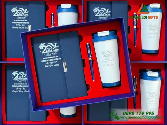 Giftset Bộ Quà Tặng (Sổ + Ly + Bút) Cao Cấp In Khắc Logo Kỷ Niệm 20 Năm Ngày Trở Về Trường THCS Đông Phương Yên