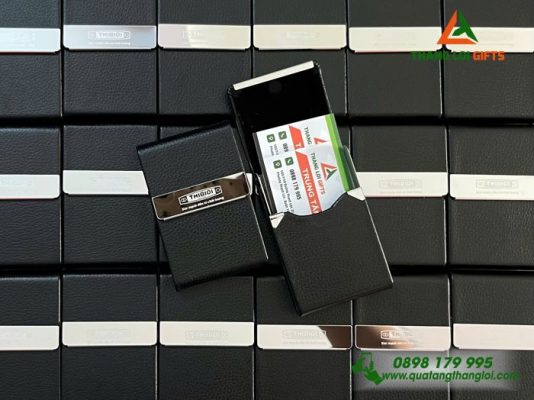 Hộp Đựng Namecard Kim Loại Phối Da Màu Đen Cao Cấp Khắc Logo Doanh Nghiệp THIBIDI