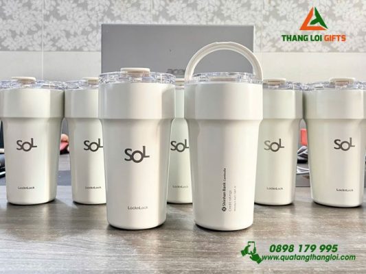 Ly Giữ Nhiệt Lock&Lock LHC4416 Phủ Sứ 710ml Màu Trắng Ngà Khắc Logo Shinhan Bank Làm Quà Tặng Ngân Hàng