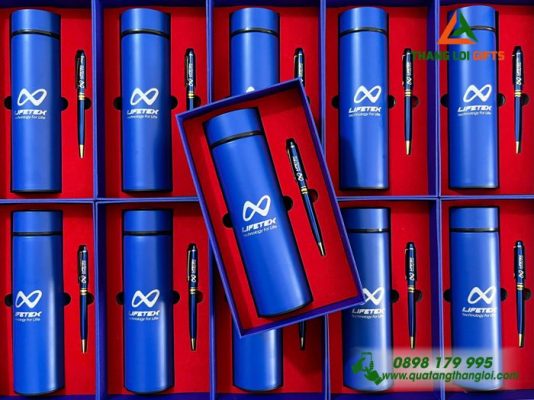Combo Quà Tặng (Bình & Bút) Màu Xanh In Khắc Logo Doanh Nghiệp LIFETEX
