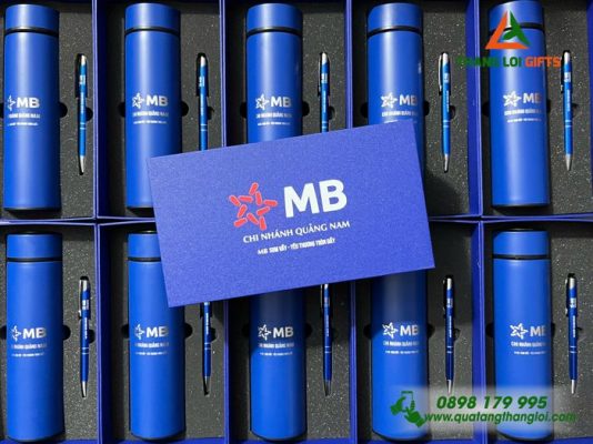 Bộ Quà Tặng (Bình & Bút) Màu Xanh in Khắc Logo MB Bank Làm Quà Tặng Ngân Hàng